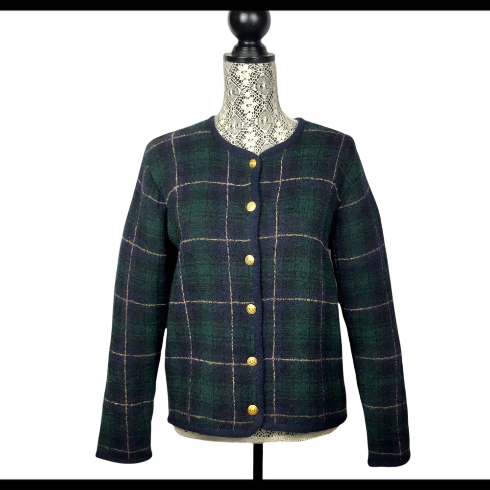 Chaus wool blend black watch plaid cardigan sweater